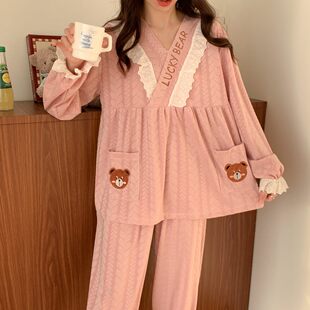 休闲花朵粉色可外穿家居服二件套装 200斤新款 春秋大码 睡衣女长袖