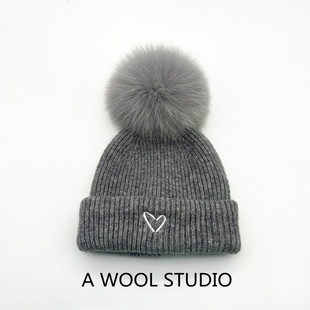 纯羊毛包头帽儿童冬宝宝帽狐狸毛球厚双层针织毛线帽子围巾套装