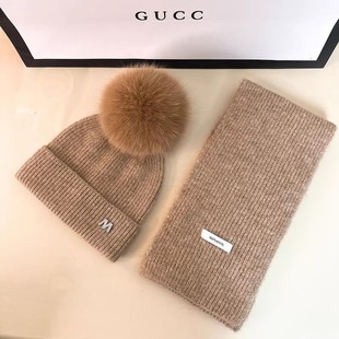 法国定制M标大狐狸毛球帽子女冬季围巾保暖儿童羊毛针织毛线帽