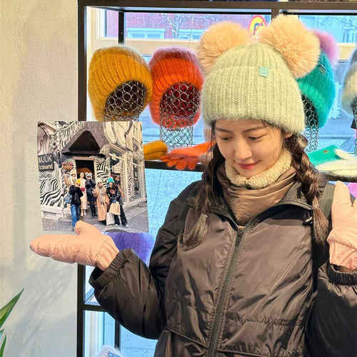 毛球帽子冰岛毛线帽双狐狸真毛球