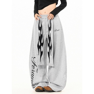 街舞爵士舞阔腿休闲裤 男女款 QW28 火焰印花配绑带弯刀卫裤 美式