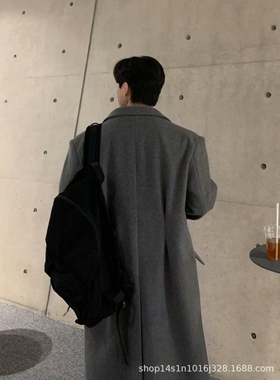老钱风灰色毛呢大衣男中长款宽松西装领单排扣小众高级外套QW19