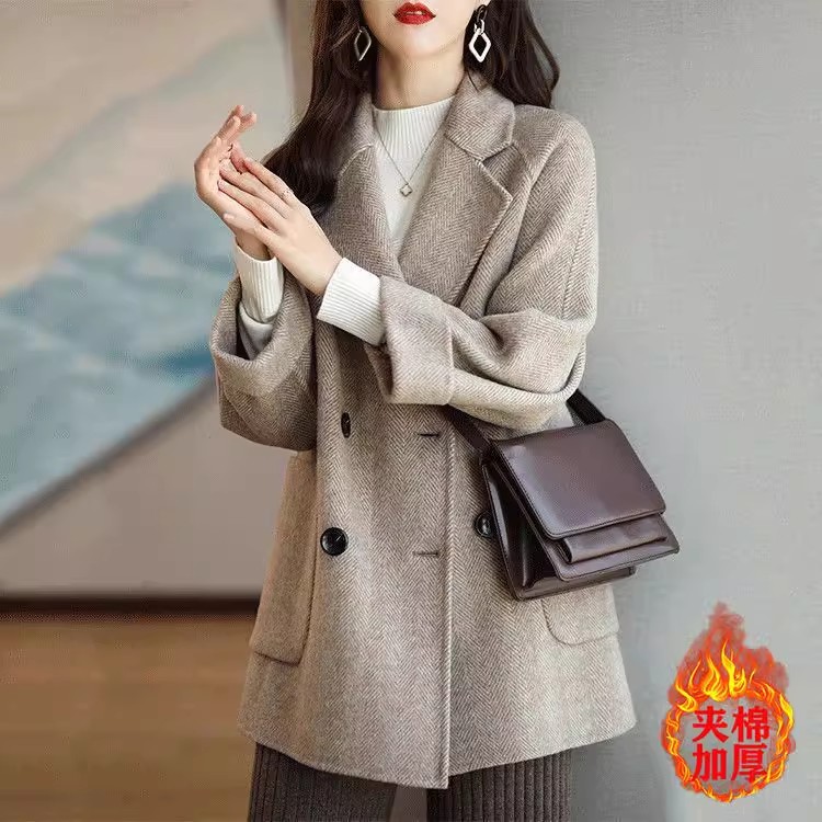 2025秋冬新款气质女装高级感宽松大码夹棉加厚羊毛呢大衣西装外套