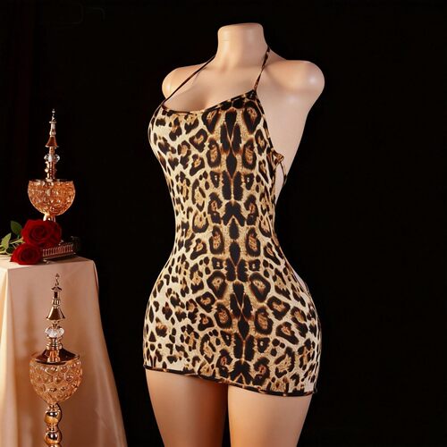 Leopard-print one-piece tight-fitting backless hot girl outf