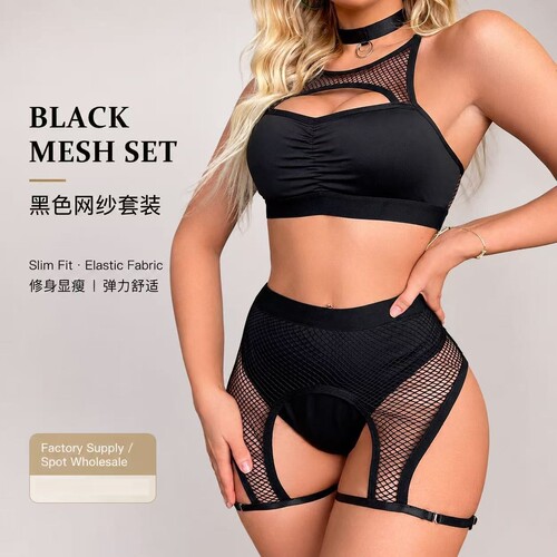 Black mesh sexy lingerie set, women's mesh hollow bra underw