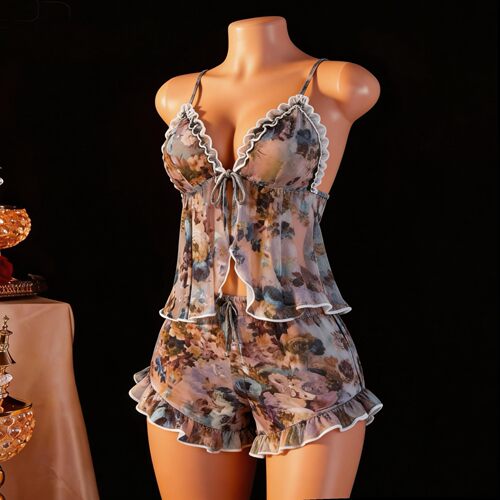 Cross border sexy mesh printed floral sleepwear and nightgow
