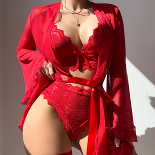 Shawl style lingerie sexy suspender see through pajamas thre