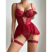 Lingerie Seductive Mesh Women Hem Lace Ruffled Set