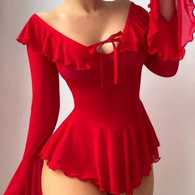 Sexy perspective mesh dress with one shoulder and flared sle