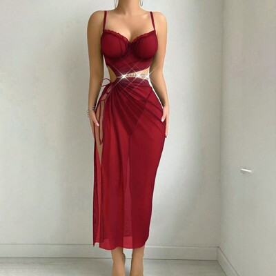 Sexy Lace Lingerie Set with Sheer Mesh Tie-Up Maxi Dress