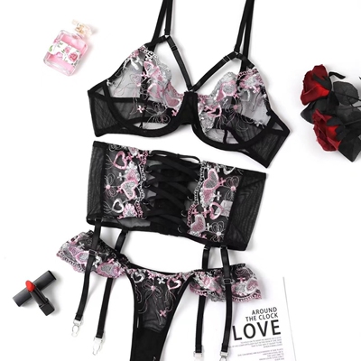 Love Embroidered Cross Tie Waist Lingerie Set