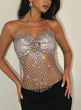 Fishing net rhinestone top hot selling spicy girl vest music