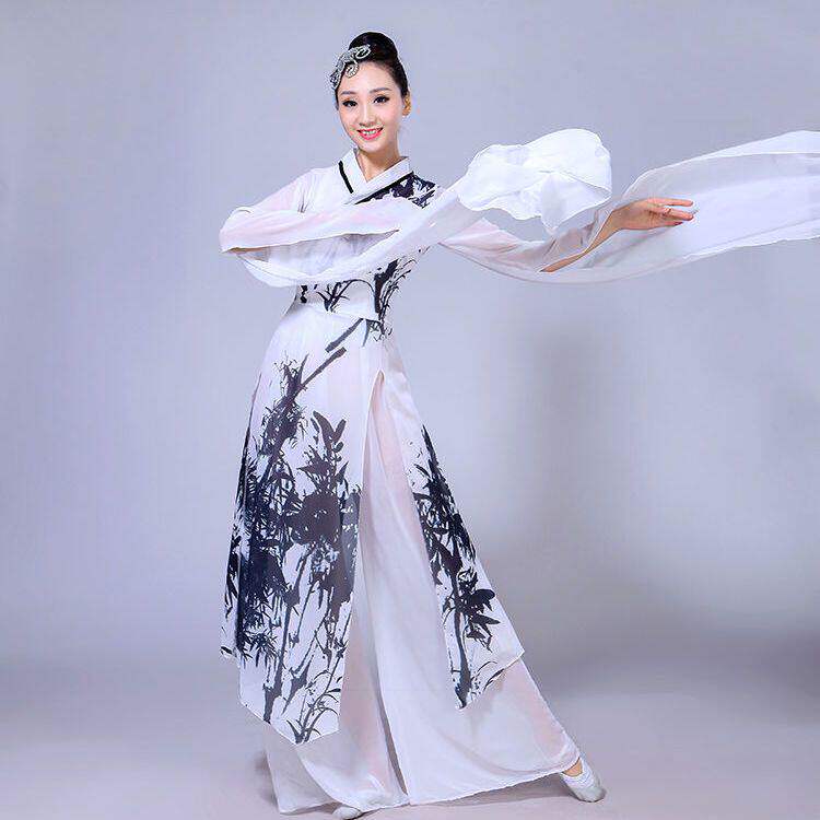 水袖舞蹈服甩袖古典舞表演服装水墨色舞蹈演出服竹子印花雪纺舞台