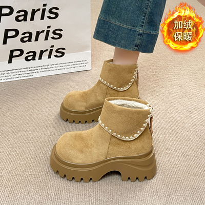 真皮厚底勃肯鞋女款加绒加厚棉鞋皮毛一体雪地靴女2025新款秋冬季