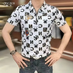 半拉链POLO衫 新款 弹力短袖 夏季 痞帅修身 字母印花短袖 男士 潮牌衬衫