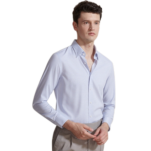 春夏新款灰色细格子衬衫男士长袖尖领小清新潮流商务修身格纹衬衣