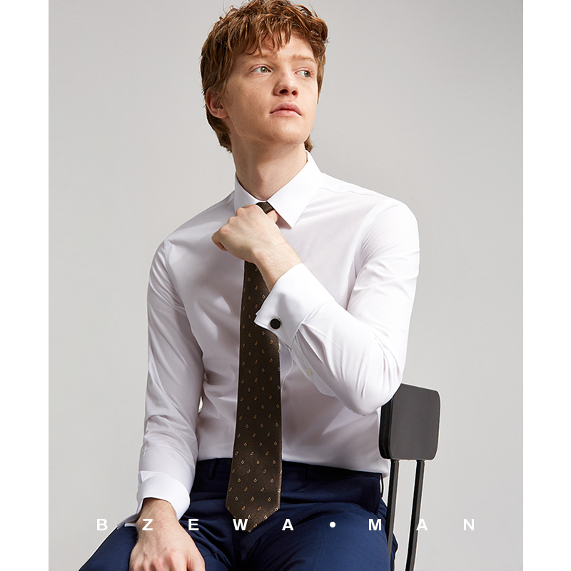 法式衬衫男长袖商务修身长绒棉相亲约会新郎婚礼正装白色袖扣衬衣