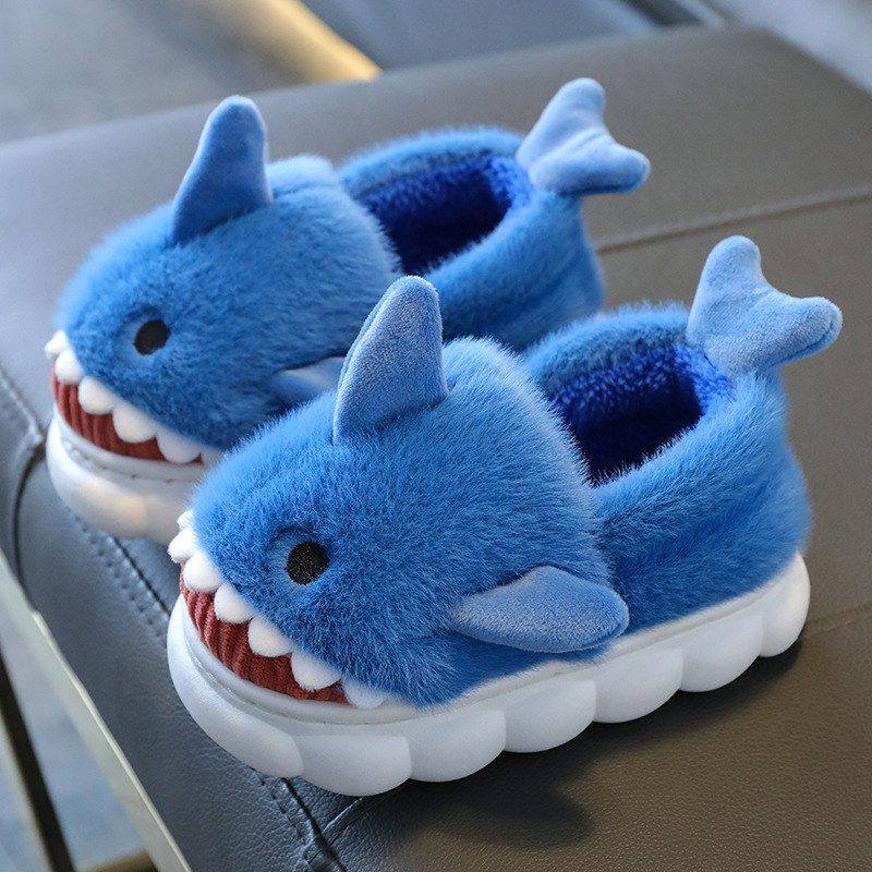 软底卡通鲨鱼冬季中大童保暖棉室内男童防滑儿童家居拖鞋加绒拖鞋
