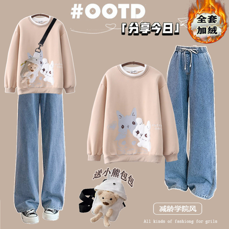 벨벳 운동복 세트 2024 가을 겨울 어린이 귀여운상의 중학교 및 고등학교 여학생 느슨한 스포츠 투피스 세트