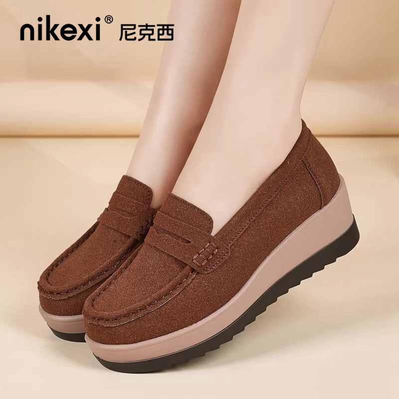 厚底乐福鞋女款增高5cm坡跟休闲妈妈松糕鞋软底一脚蹬舒适单鞋