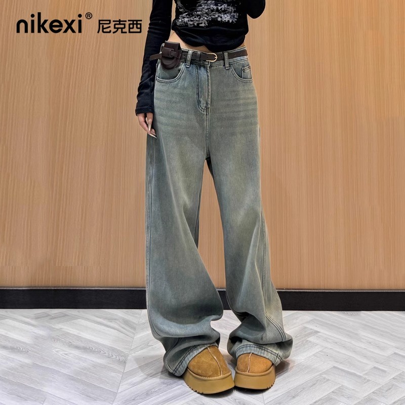 复古牛仔裤女秋冬季新款时尚休闲浅色直筒裤水洗显瘦阔腿拖地裤