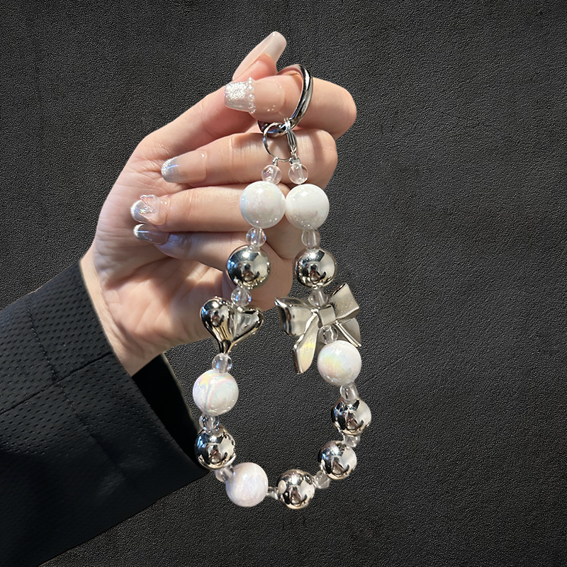 蝴蝶結超閃鉆石白珍珠手機鏈