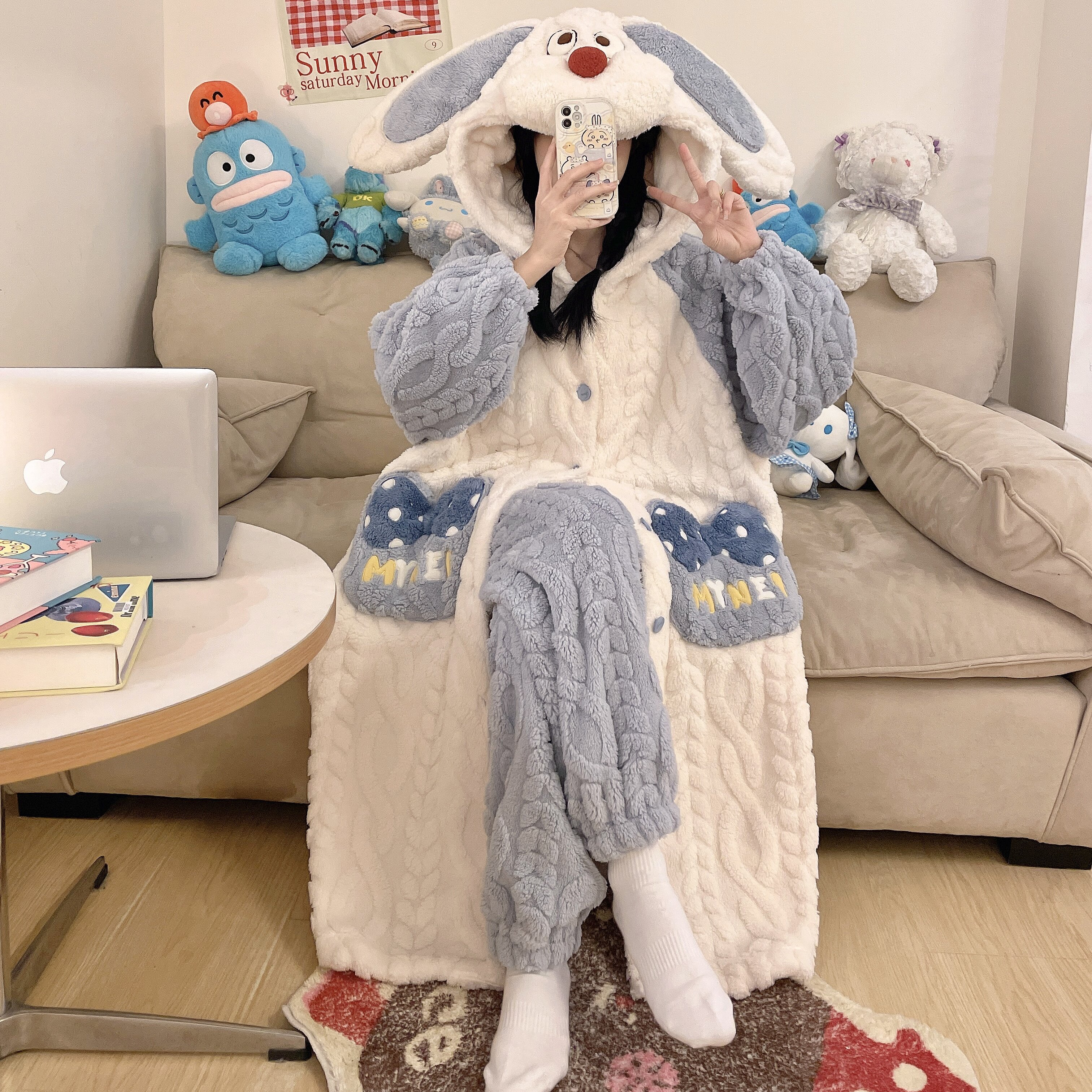 红鼻兔睡袍可爱睡衣女冬季珊瑚绒睡衣/家居服套装