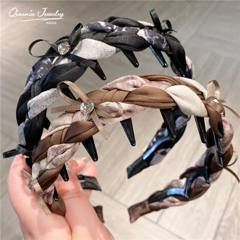 高颅顶碎花麻花辫子发箍百搭甜美蝴蝶结气质带齿防滑波浪洗脸头箍