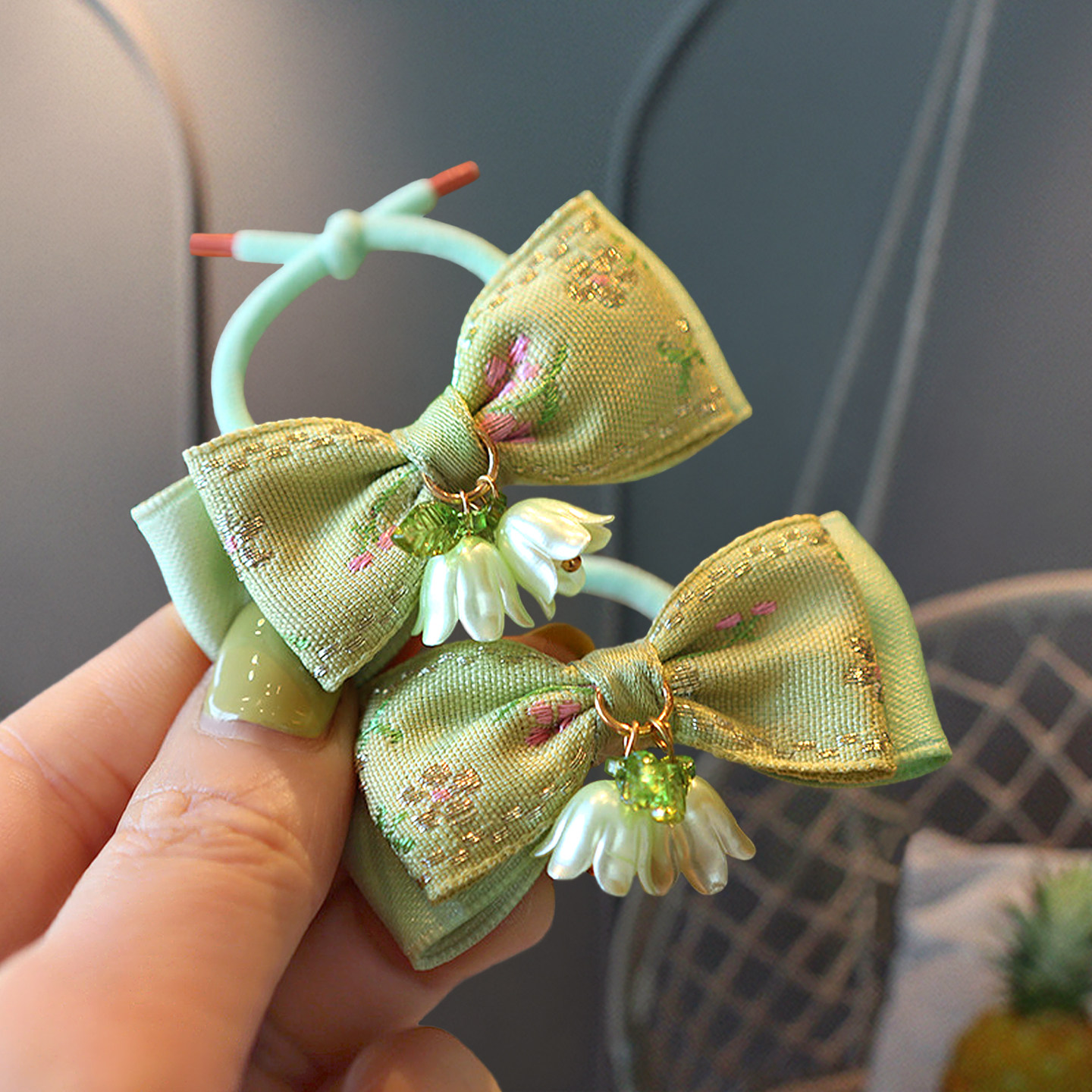 儿童古风头花小女孩扎辫子铃兰花布艺蝴蝶结头绳发圈绿色汉服头饰