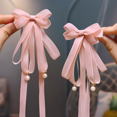 儿童仙气珍珠网纱蝴蝶结飘带发夹