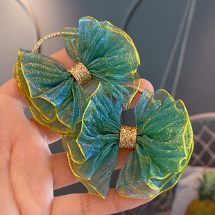 儿童洋气丝绸头花小姑娘扎小辫子闪亮炫彩蝴蝶结小发圈头绳结实绿