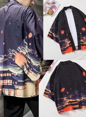 印花浮世绘东方道袍汉服七分袖夏季花衬衫日系和服开衫薄款外套