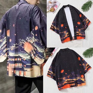 印花浮世绘东方道袍汉服七分袖夏季花衬衫日系和服开衫薄款外套