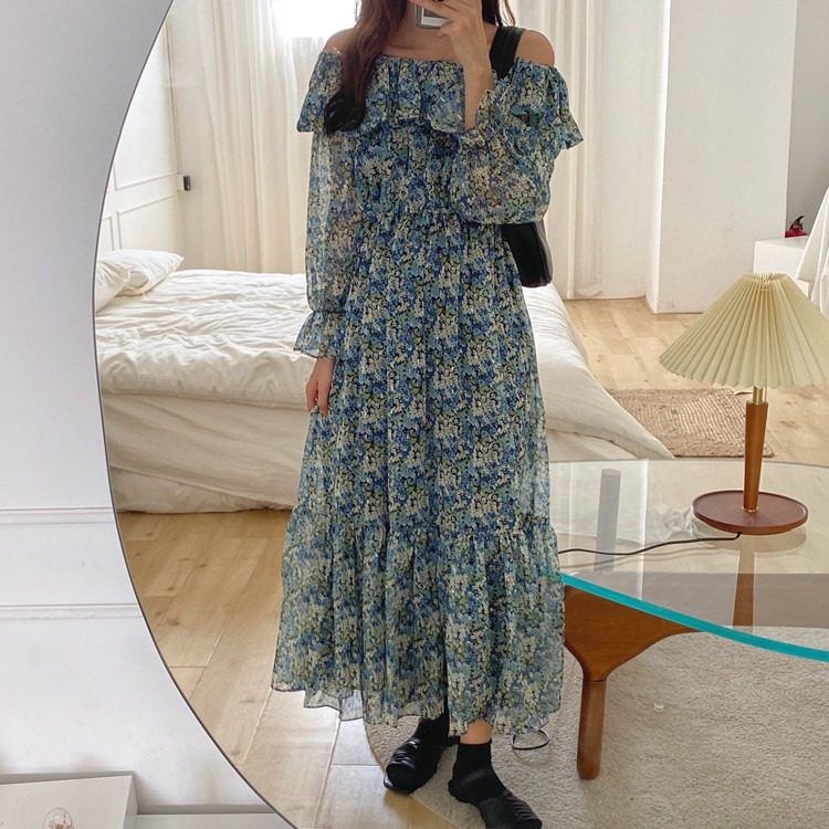 炒鸡美腻闪闪bling一字领碎花连衣裙收腰长裙高端气质显瘦森系