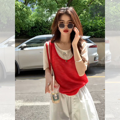 韩系红色两件套吊带上衣女夏季针织冰丝短袖设计感小众正肩T恤薄