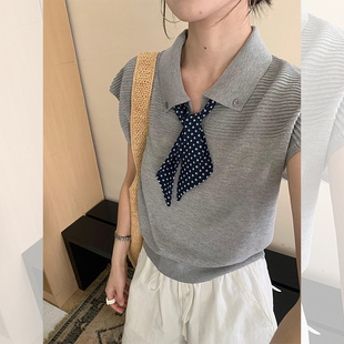 设计感正肩冰丝上衣 别致灰色POLO衫 宽松小飞袖 针织短袖 t恤女夏季