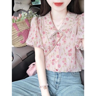 碎花雪纺娃娃领泡泡袖t衬衫法式奶系温柔设计感高级翻领上衣女夏