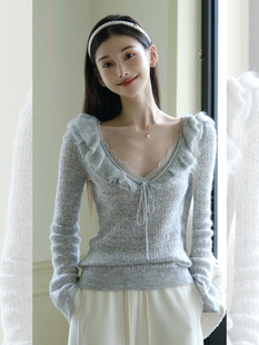 法式灰色大领口抽绳内搭毛衣女秋冬小个子蕾丝拼接打底衫针织上衣