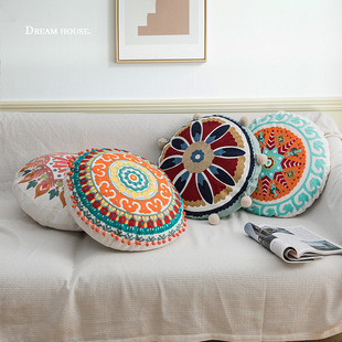 摩洛哥复古民族风波西米亚圆形刺绣腰枕沙发床趴睡抱枕靠垫