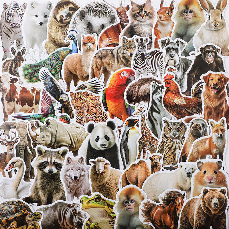 100张动物写真手机手账贴纸电脑装饰儿童幼儿园奖励益智识物贴画