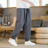 夏季男士条纹休闲裤风宽松大码阔腿棉麻裤哈伦灯笼裤K38P45，男装休闲裤，星座203-3