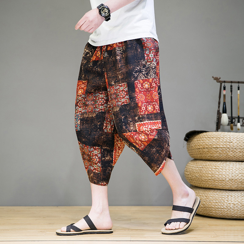 沙滩裤男士七分裤民族风碎花哈伦萝卜裤风棉麻阔腿裤K36P35，男装休闲裤，星座203-3
