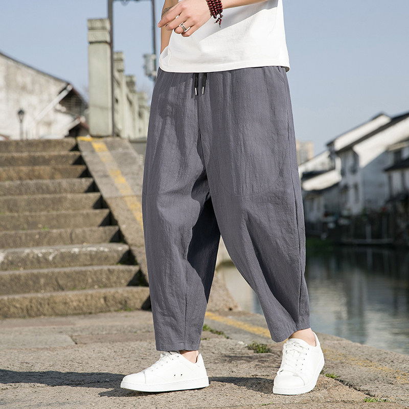 风夏季男士冰丝休闲裤日系宽松大码阔腿裤子棉麻沙滩裤K34P40,男装休闲裤,星座203-3