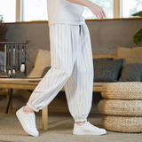 夏季男士条纹休闲裤风宽松大码阔腿棉麻裤哈伦灯笼裤K38P45，男装休闲裤，星座203-3