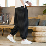 夏季男士条纹休闲裤风宽松大码阔腿棉麻裤哈伦灯笼裤K38P45，男装休闲裤，星座203-3
