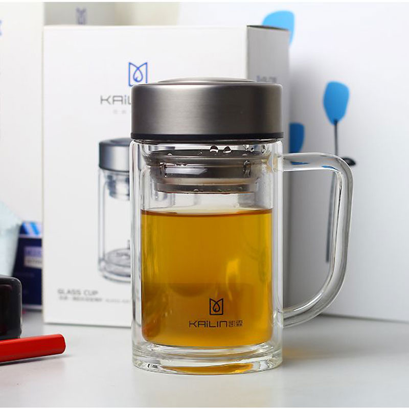 凯霖带手柄双层玻璃杯办公杯商务泡茶杯便携水杯礼品杯子定制团购