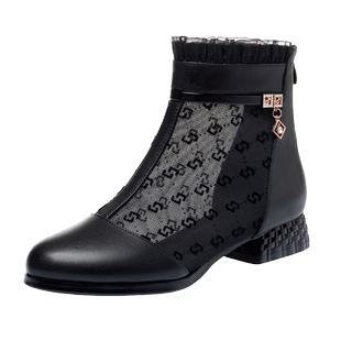 真皮蕾丝网靴中跟低跟包头网纱靴子女士凉鞋镂空女鞋透气软底凉靴