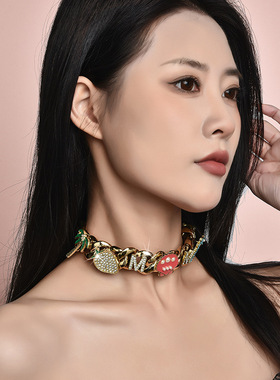 Nbostore同款潮牌18K金嘻哈夸张项链锁骨链朋克重工choker颈链