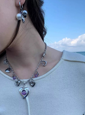 Y2K复古爱心钛钢项链夜莺心紫色清新甜美高级感多层叠戴长款项链