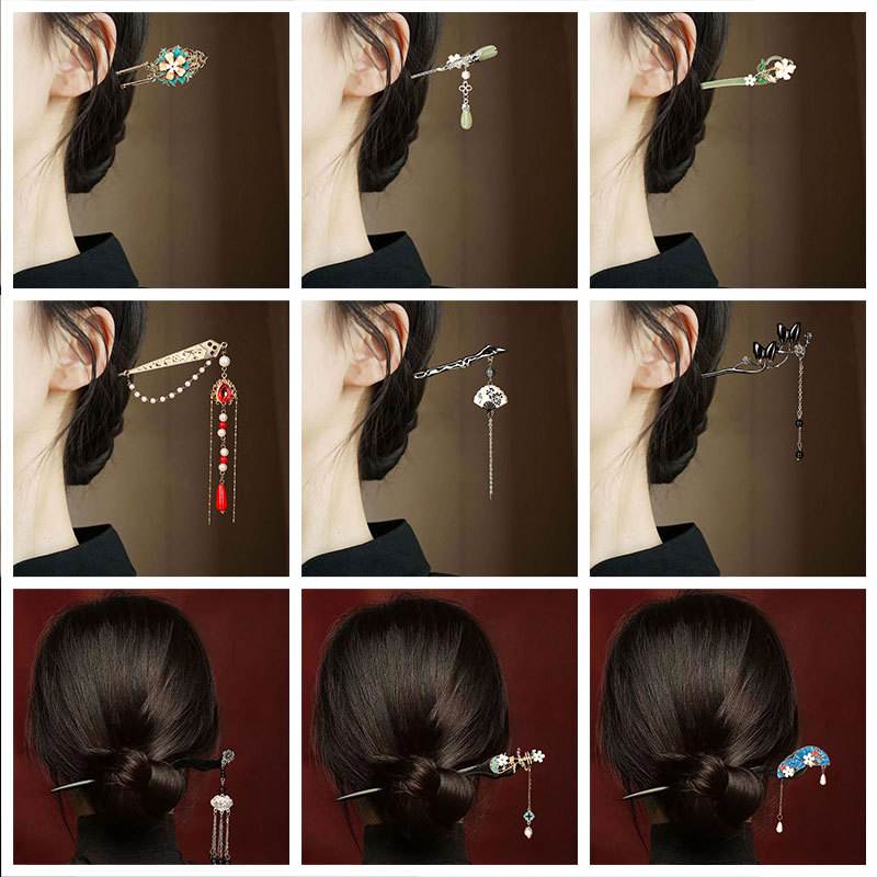 镶钻发簪新中式高级感盘发钗子女流苏莲花平安锁簪子珠花步摇发饰